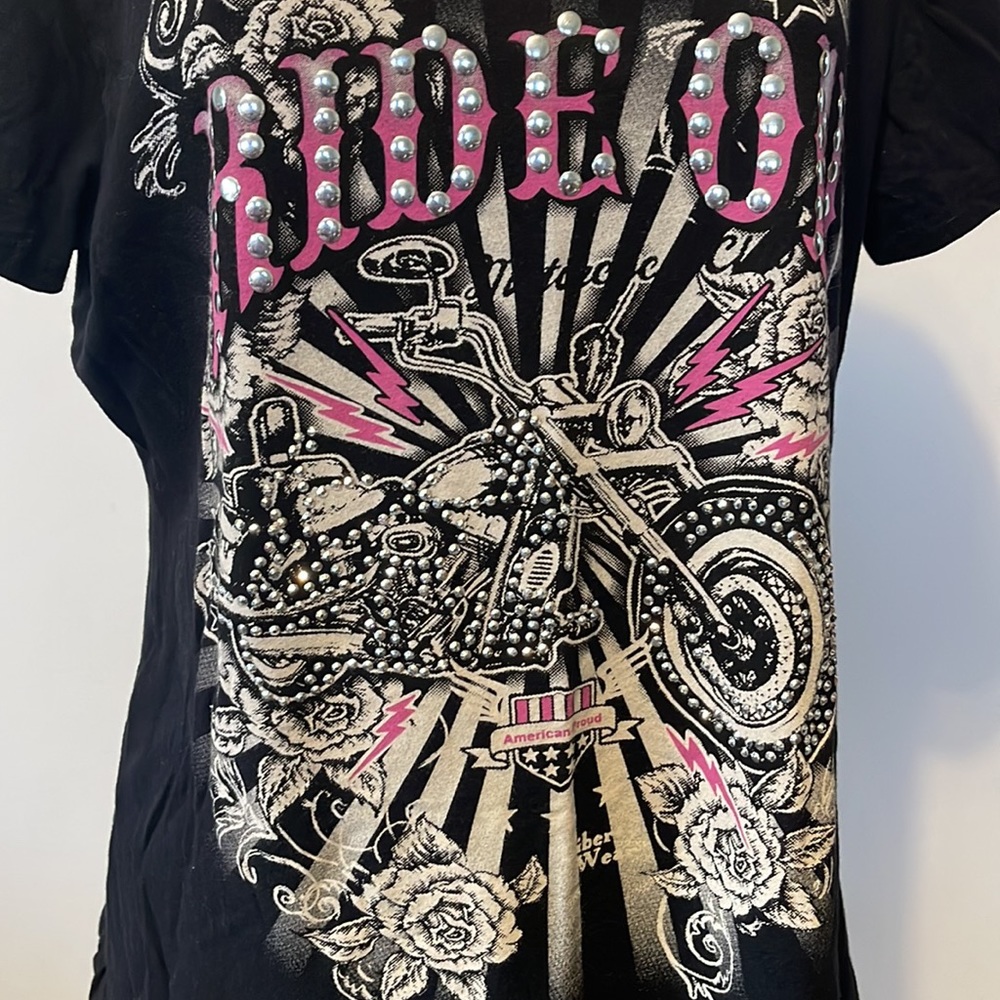 RIDE ON  by Liberty Wear,  studded  & bling cristals   Size XL womens T shirt